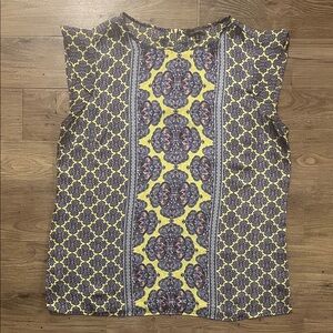 The Limited Yellow and Blue Patterned Silky Blouse with Gold Zipper